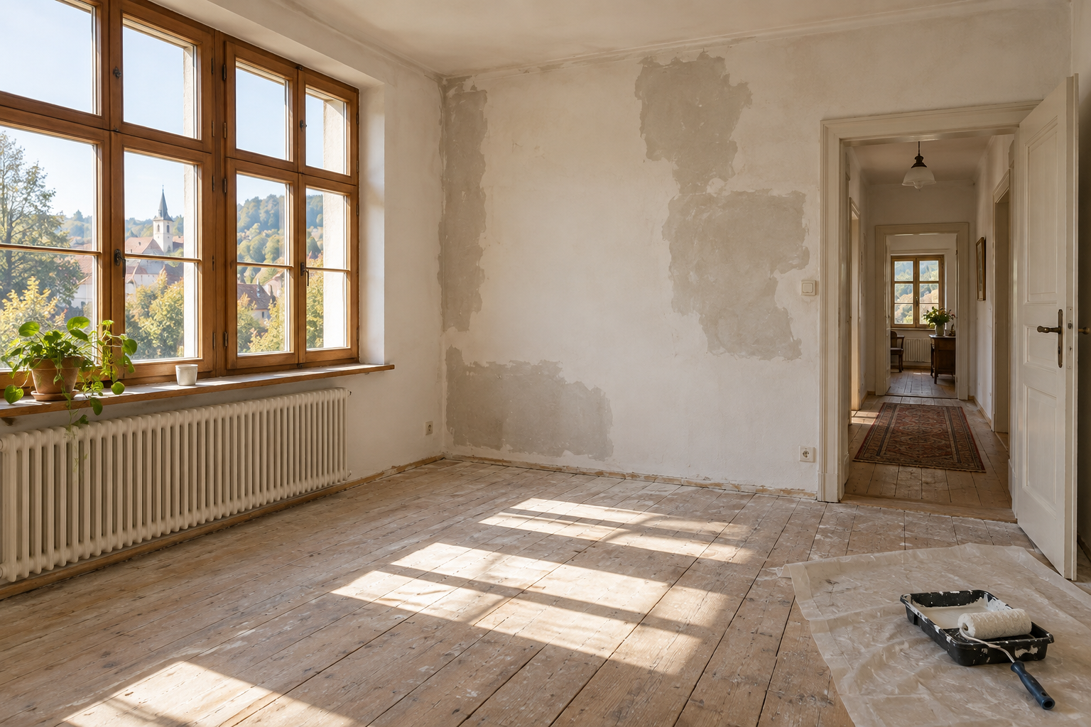 Heller Wohnraum während laufender Renovierungsarbeiten