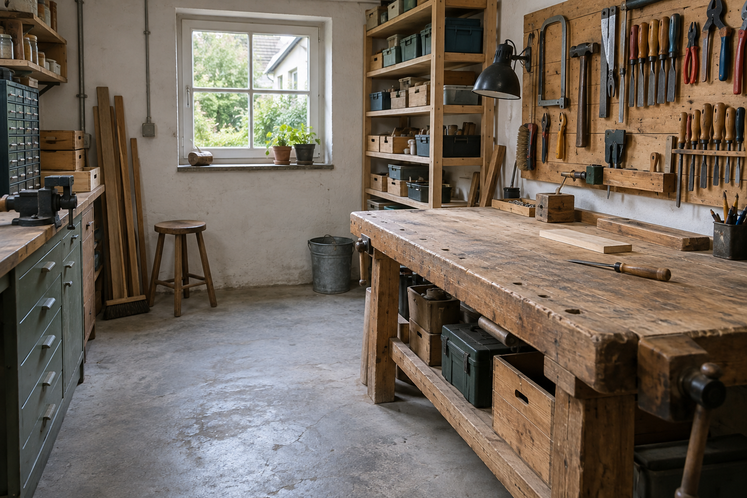 Werkstattwand mit Werkzeugen und Arbeitsausstattung
